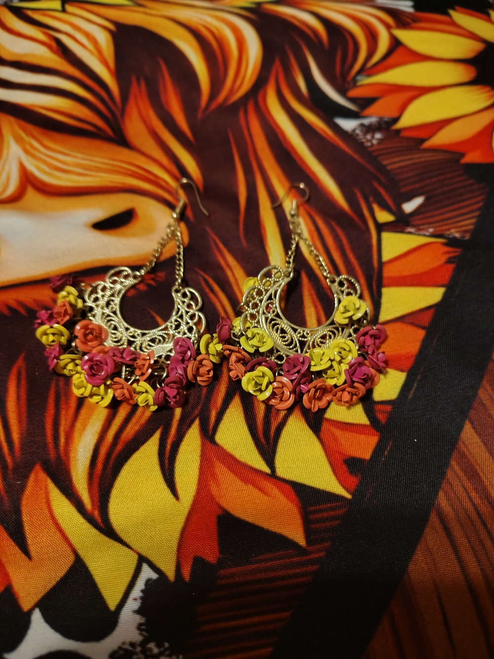 Floral Filigree Hoop Earrings with Pink, Orange & Yellow Flowers